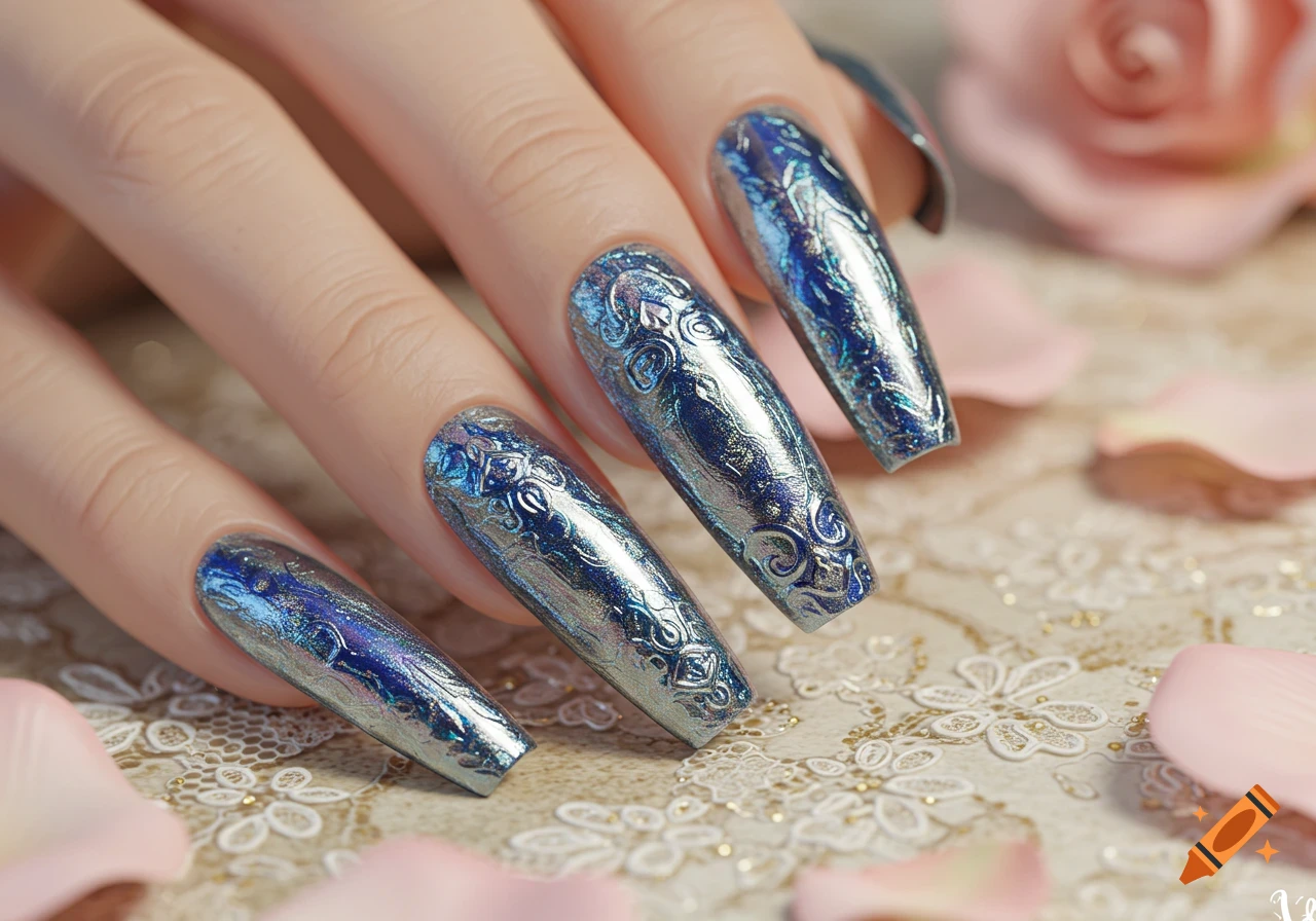 Close-up of a hand with long, metallic blue and silver chrome nails featuring an ornate pattern, against a background of lace and rose petals.