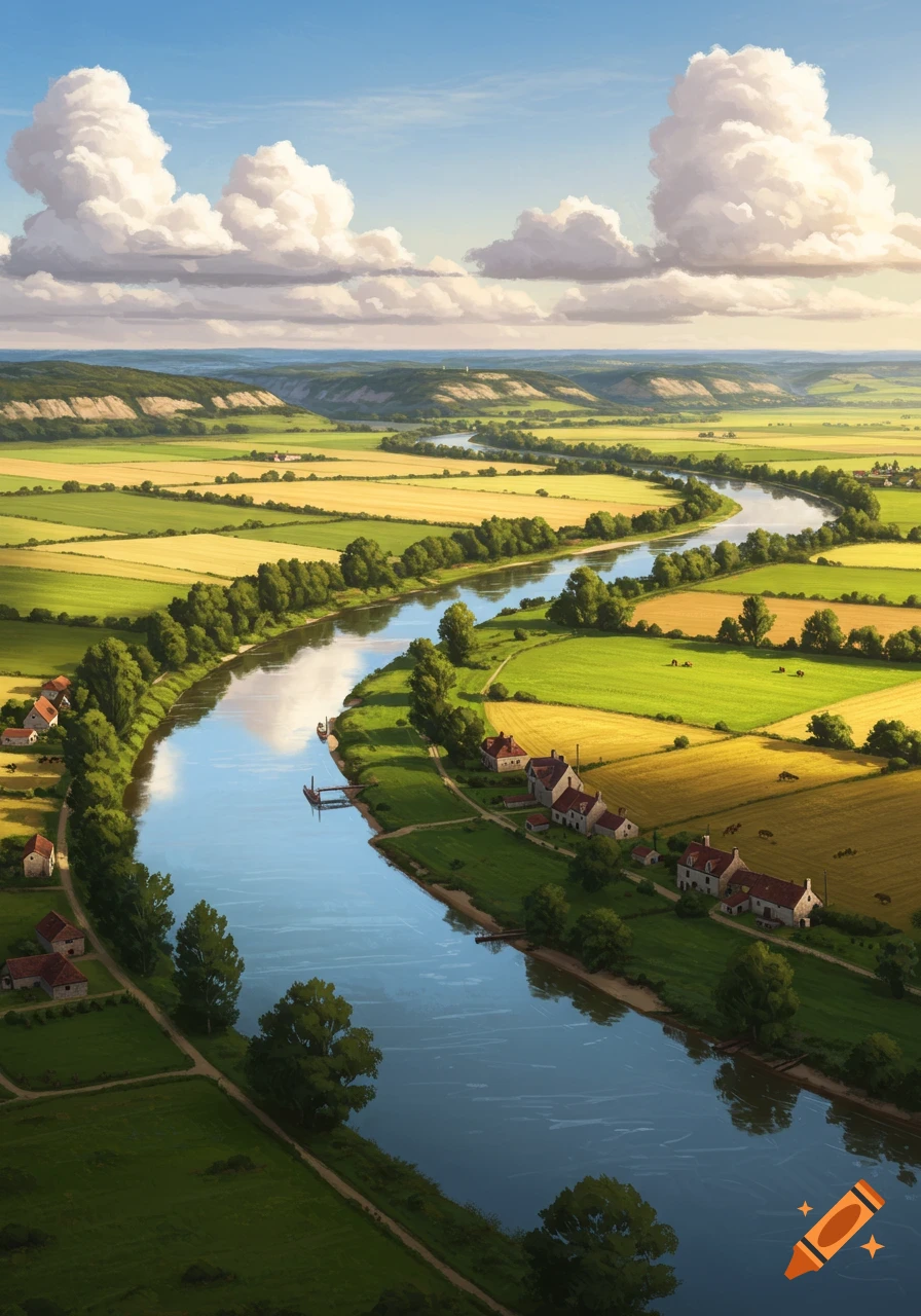 An aerial view of a picturesque river winding through green and yellow fields with scattered houses and hills under a cloudy blue sky, digital art.