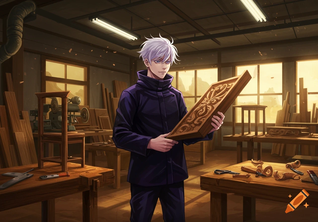 Anime man Gojo Satoru holding a carved wooden panel in a detailed woodworking shop.