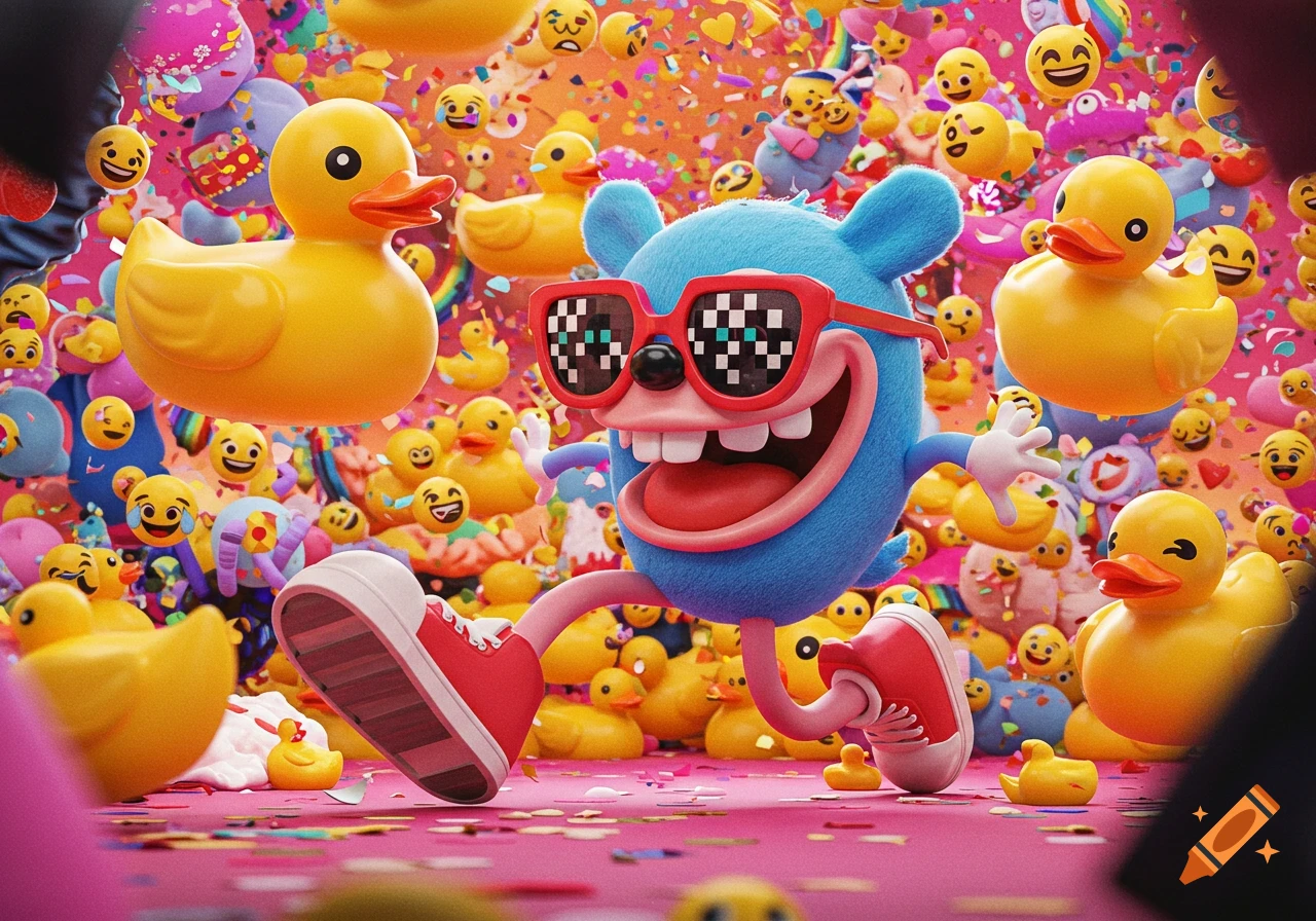 A blue, fuzzy cartoon creature with pixelated sunglasses runs through rubber ducks, emojis, and confetti on a pink background.