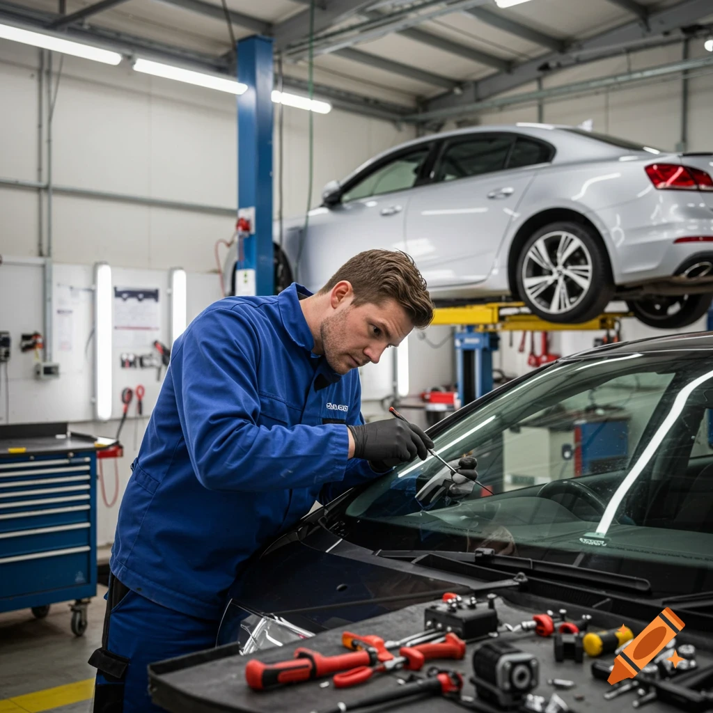 An automotive technician in a blue uniform and black gloves repairs a car windscreen in a bright workshop, with a silver sedan on a hydraulic lift in the background.