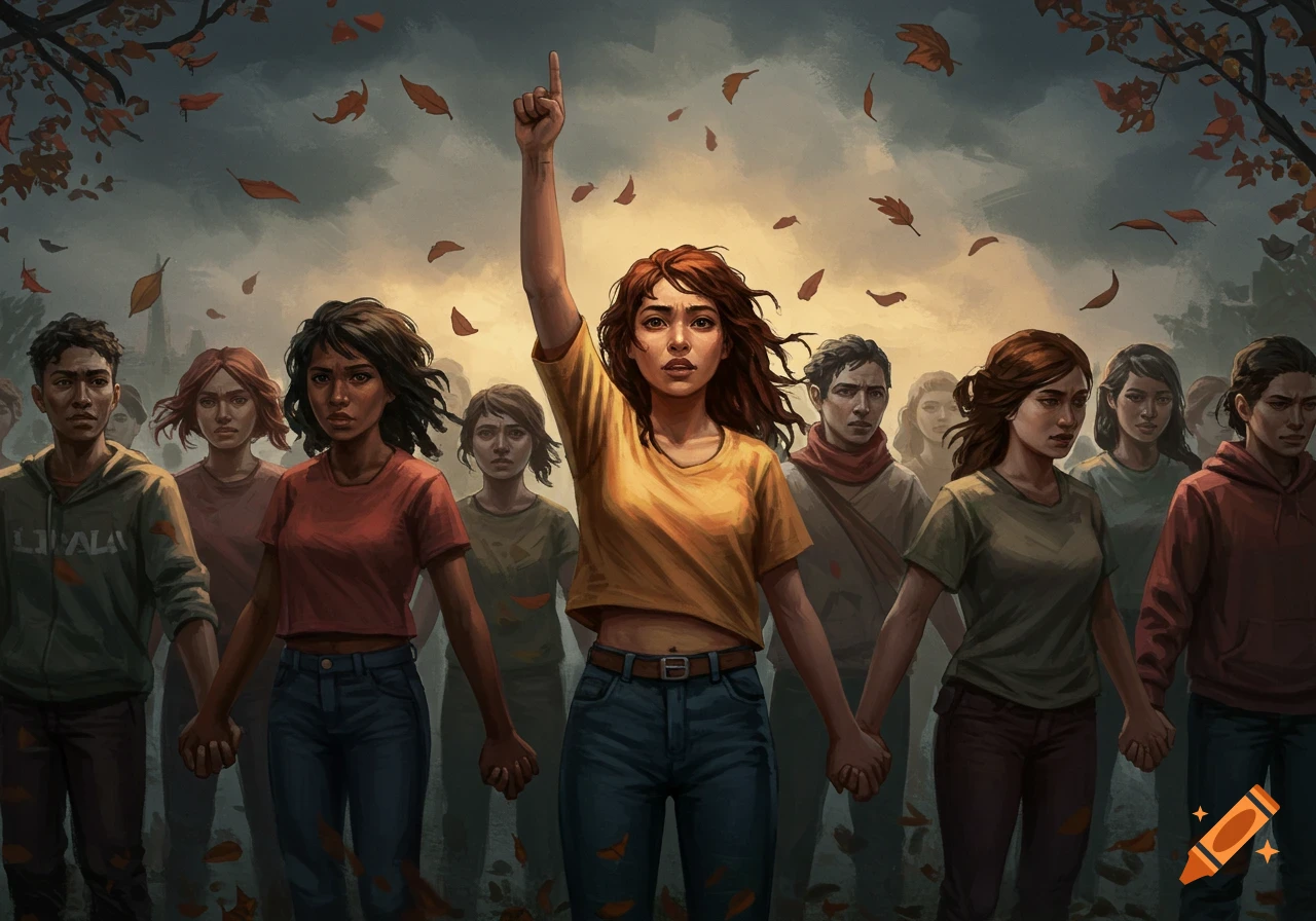 Stylized illustration of a diverse group of people marching together, holding hands. A woman in the center raises her index finger.