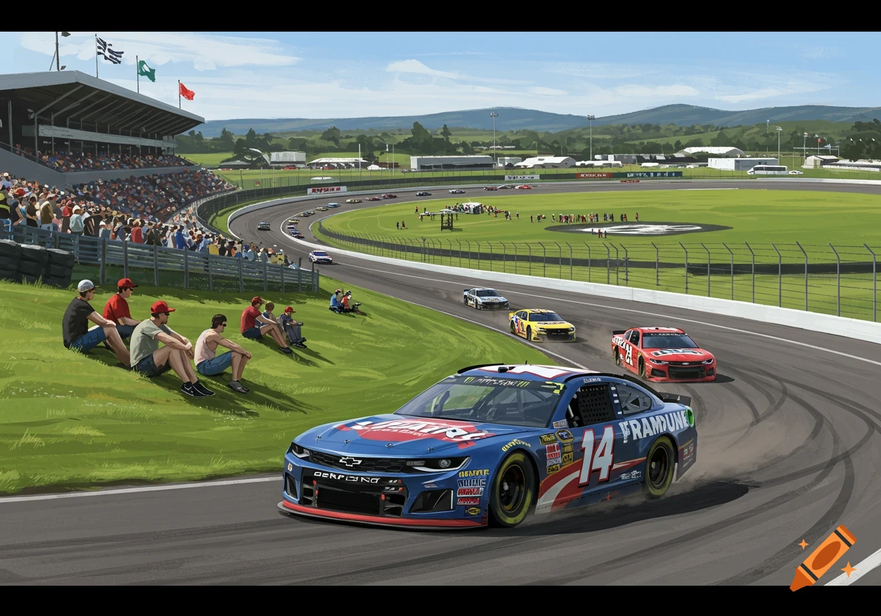 An illustrated view of NASCAR cars racing on a track, with spectators in grandstands and on a grassy hill under a blue sky.