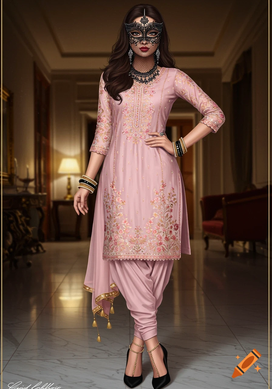 A woman in a pink embroidered salwar kameez with a black lace mask and heels stands gracefully in a luxurious hall.