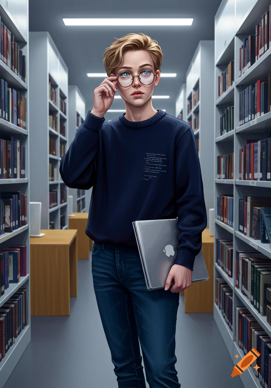 An anime-style student with short blonde hair and glasses adjusting their eyewear in a library, holding a laptop.