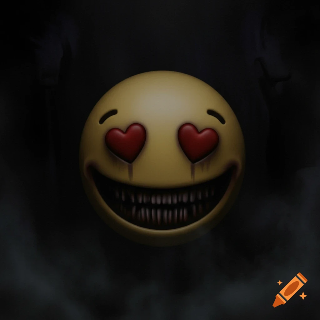 A scary yellow emoji with heart eyes, sharp teeth, and dark streaks dripping from its eyes and mouth, against a dark, smoky background.