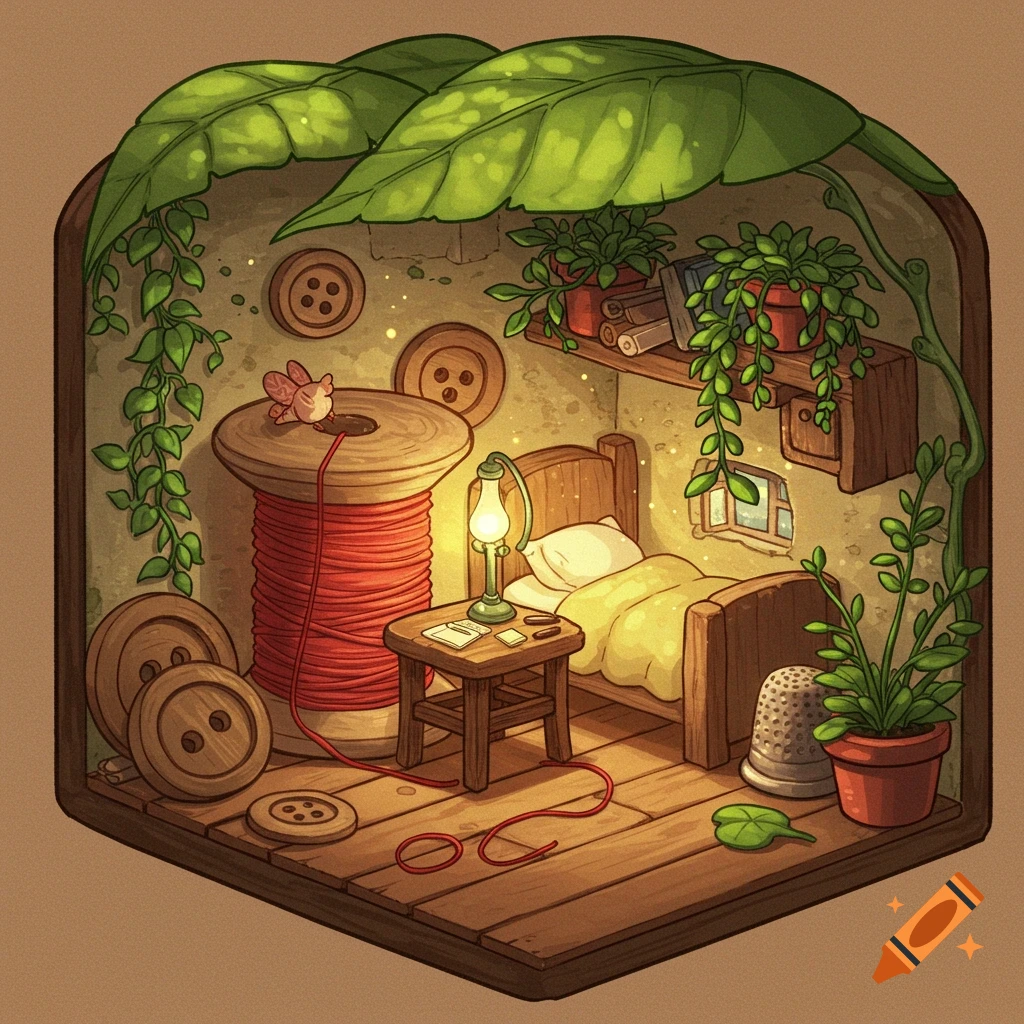 A whimsical miniature bedroom featuring a spool of red thread, buttons, a small bed, plants, and a thimble, under large leaves.