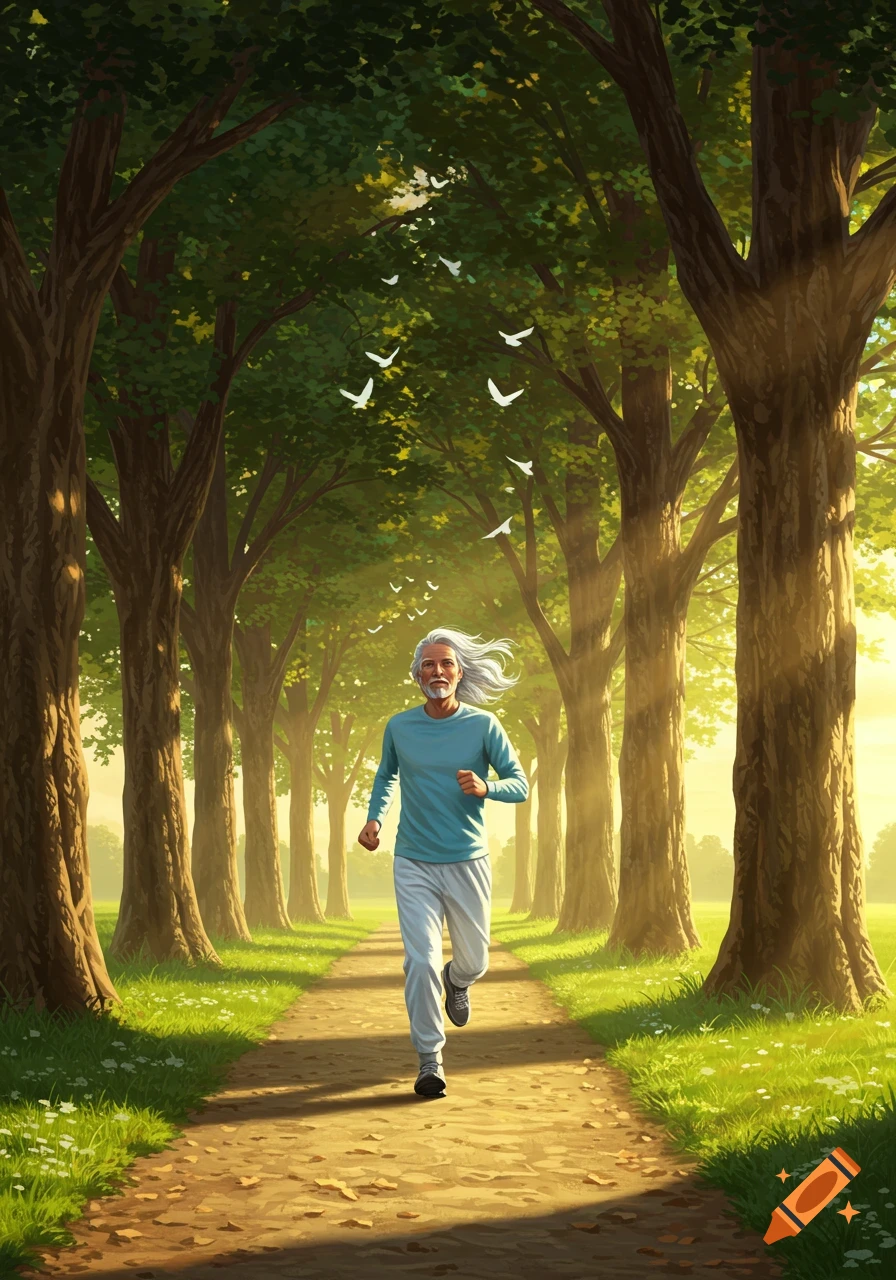 An older man with long white hair and a beard runs on a dirt path lined with tall trees, with birds flying above.