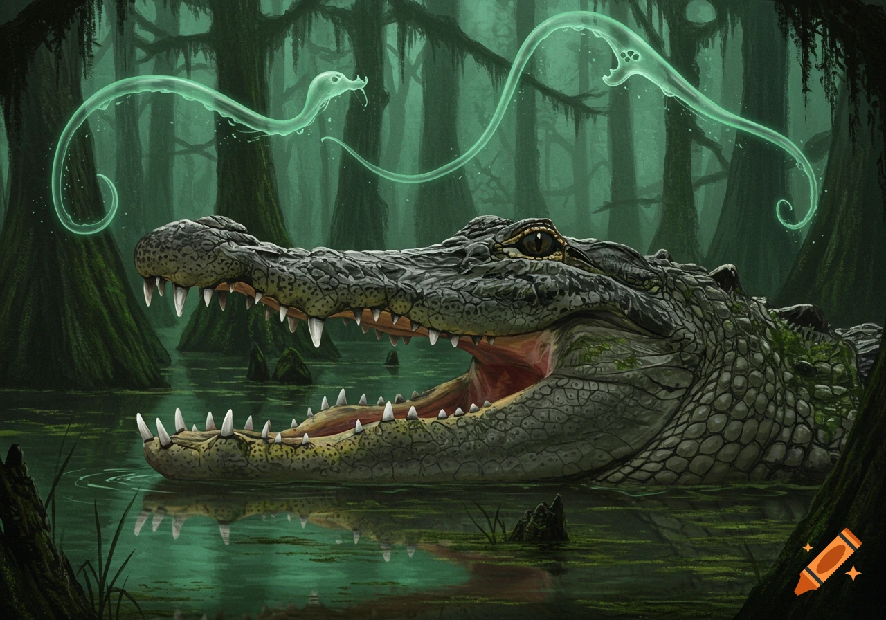 A detailed illustration of an alligator with its mouth open in a dark green swamp, with glowing ethereal snake-like creatures floating above it.