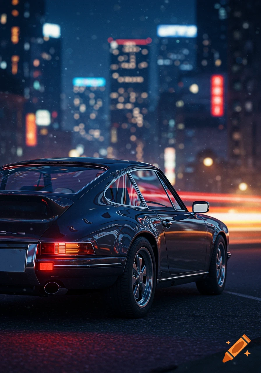 A dark classic sports car, possibly a Porsche 911, parked on an asphalt road at night, with glowing city lights and light trails in the blurred background.