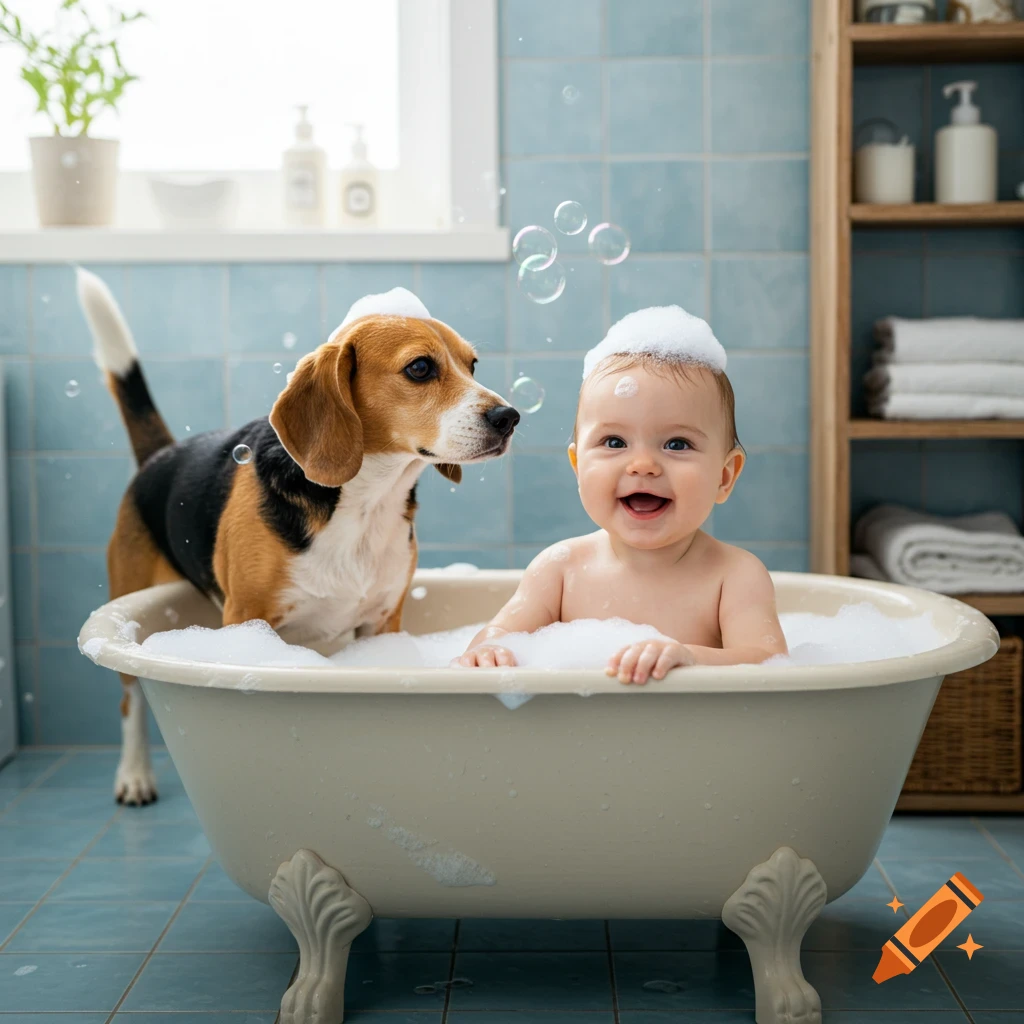 A happy baby with foam on its head smiles in a bubble bath with a beagle dog in a blue tiled bathroom.