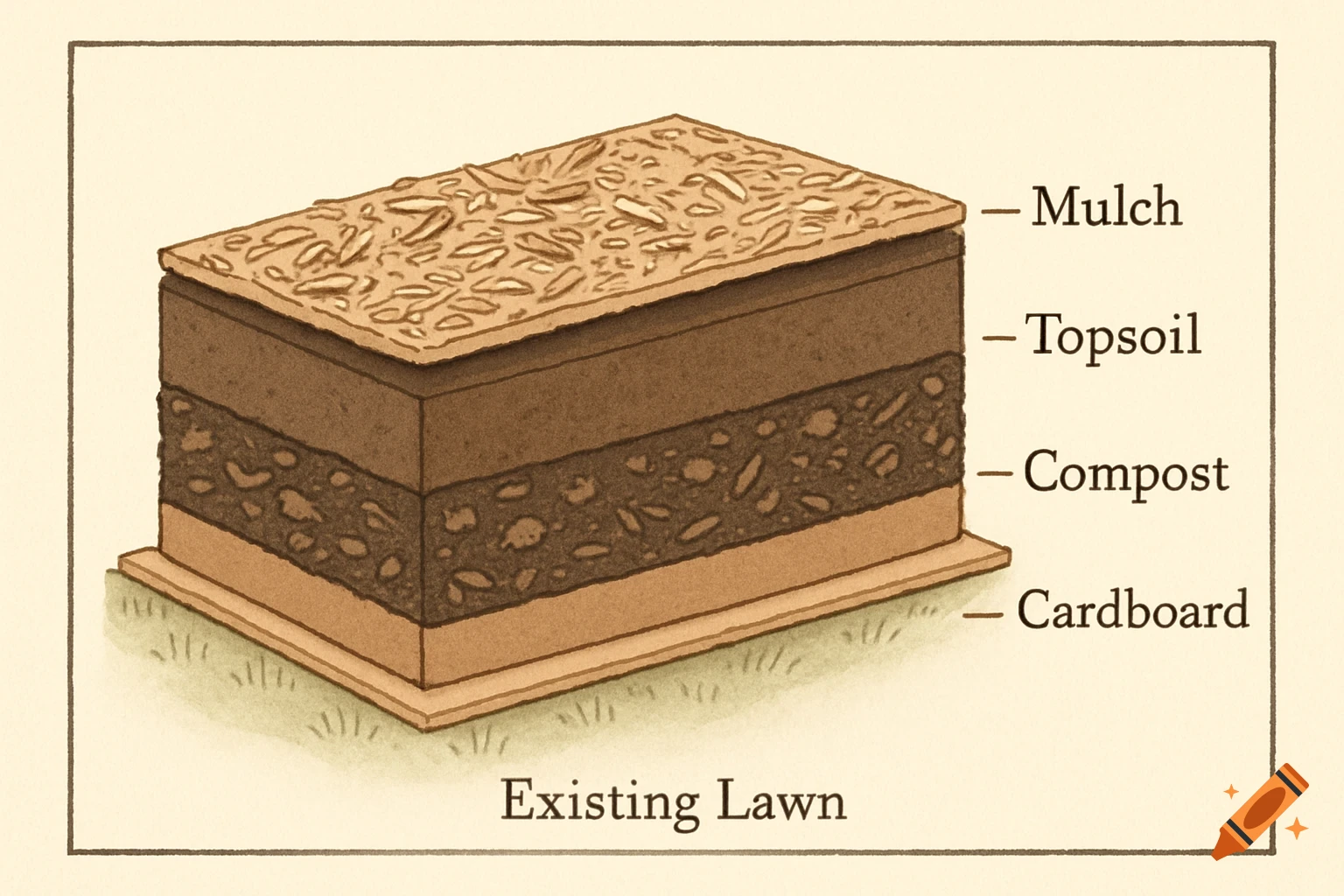 Diagram showing a no-dig garden method with layers: mulch, topsoil, compost, and cardboard over existing lawn.