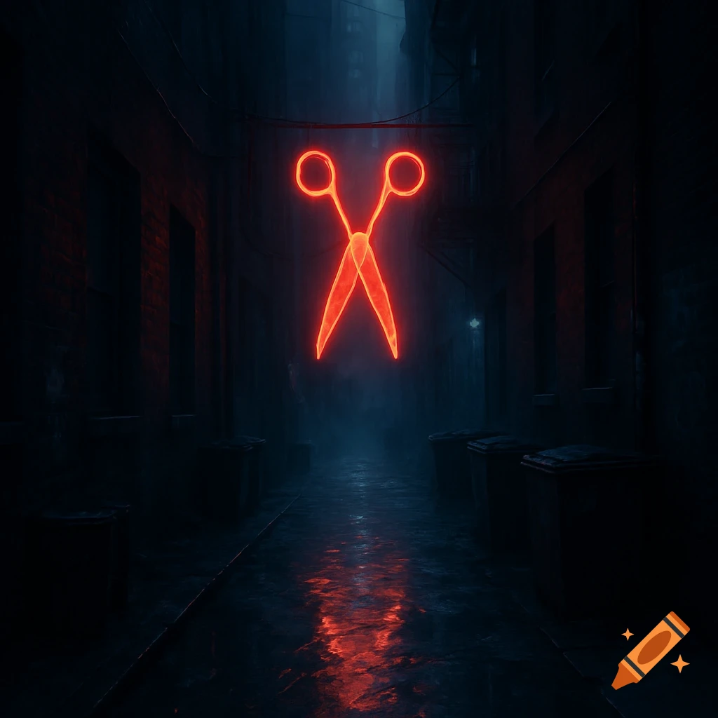 A glowing neon red scissor sign hangs in a dark, wet New York City alleyway, with reflections on the ground.