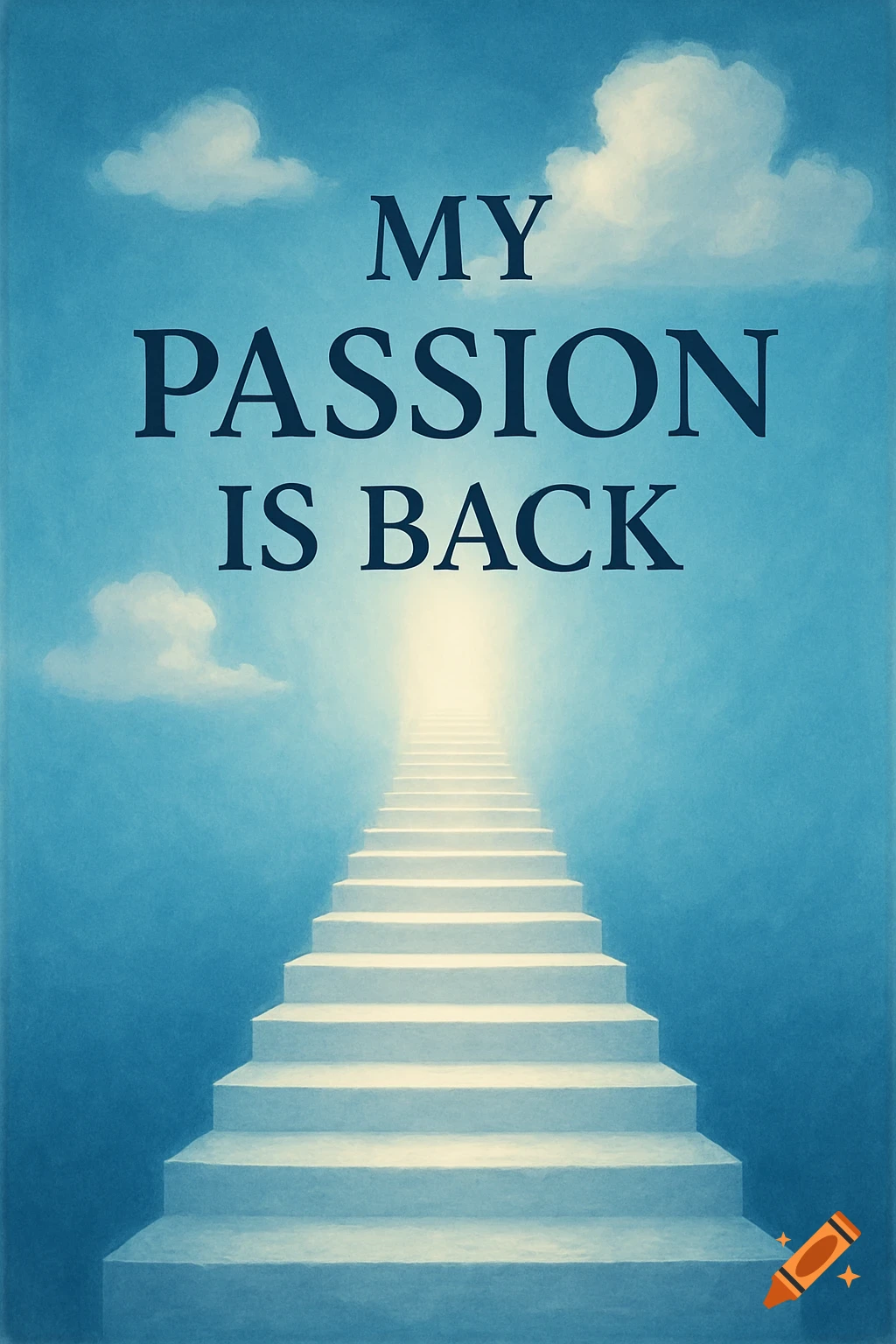 A white staircase ascends into a bright light in a blue sky with white clouds. The text "MY PASSION IS BACK" is at the top.