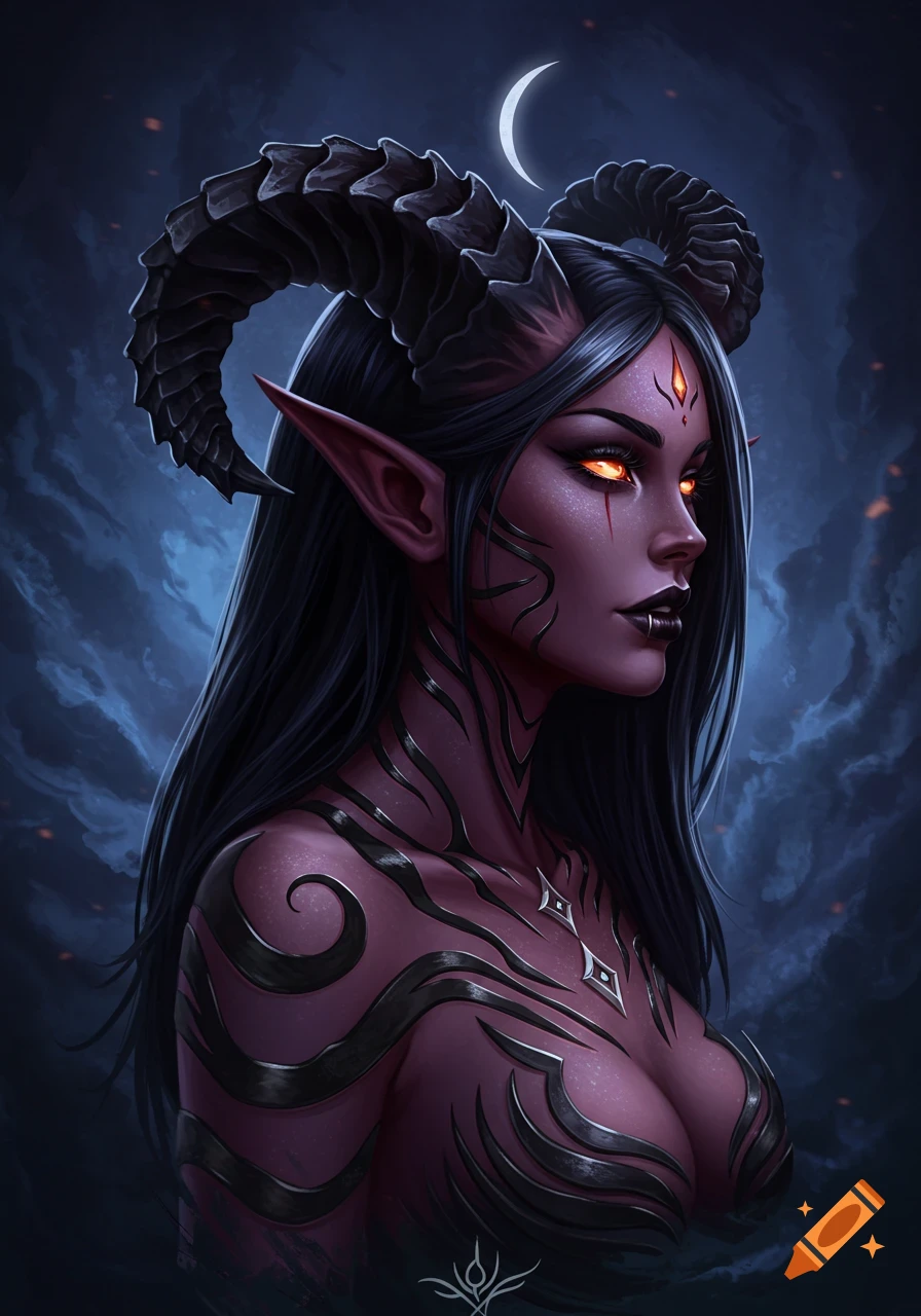 Portrait of a dark-skinned female demon with large horns, glowing orange eyes, and black tribal markings, against a dark sky with a crescent moon.