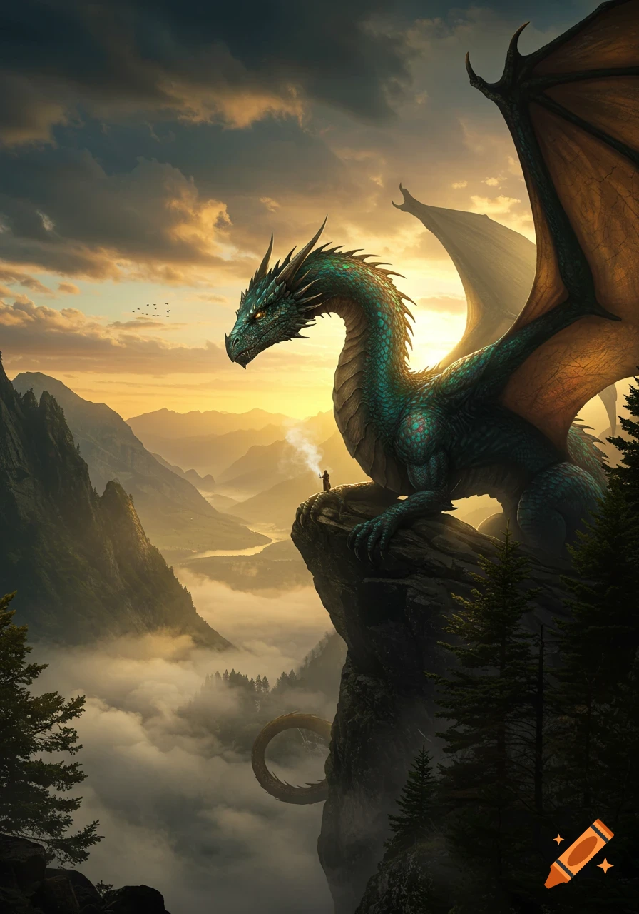 A large teal dragon with orange wings perches on a rocky cliff above a ...