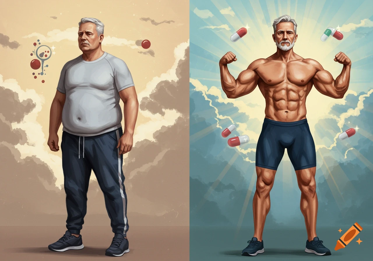 Illustration of an older man's fitness transformation, going from overweight to muscular, surrounded by supplement pills.