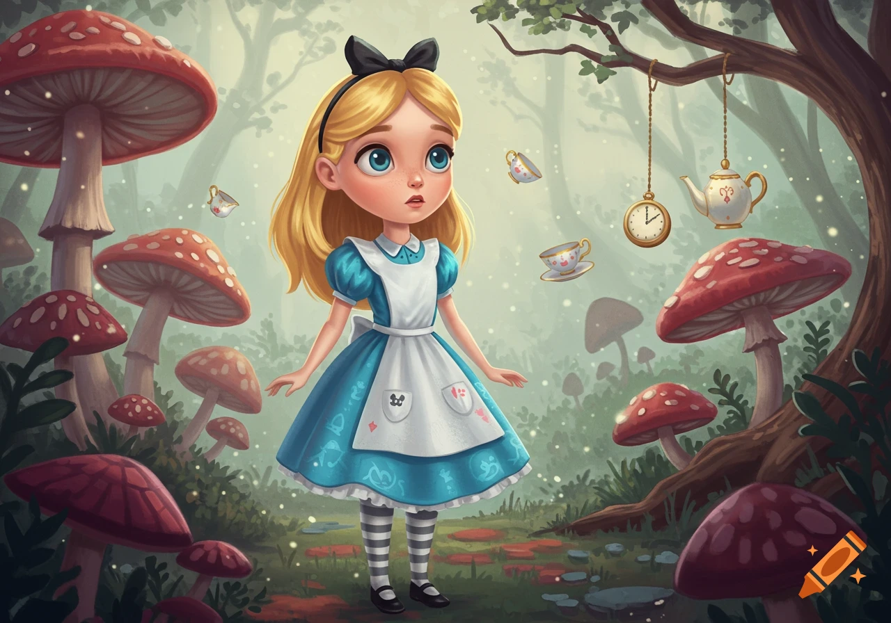 A cartoon Alice in Wonderland in a magical forest with giant mushrooms, floating teacups, and a pocket watch.