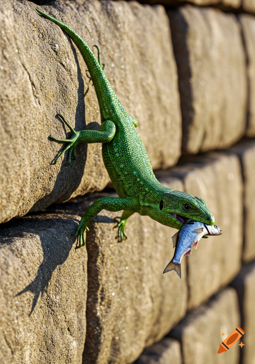 A green lizard with prominent scales climbs a stone wall, holding a silver fish in its mouth in a photorealistic style.