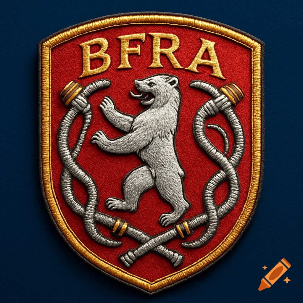 An embroidered red shield patch with gold trim. It features a silver bear, crossed fire hoses, and the gold text 'BFRA'.