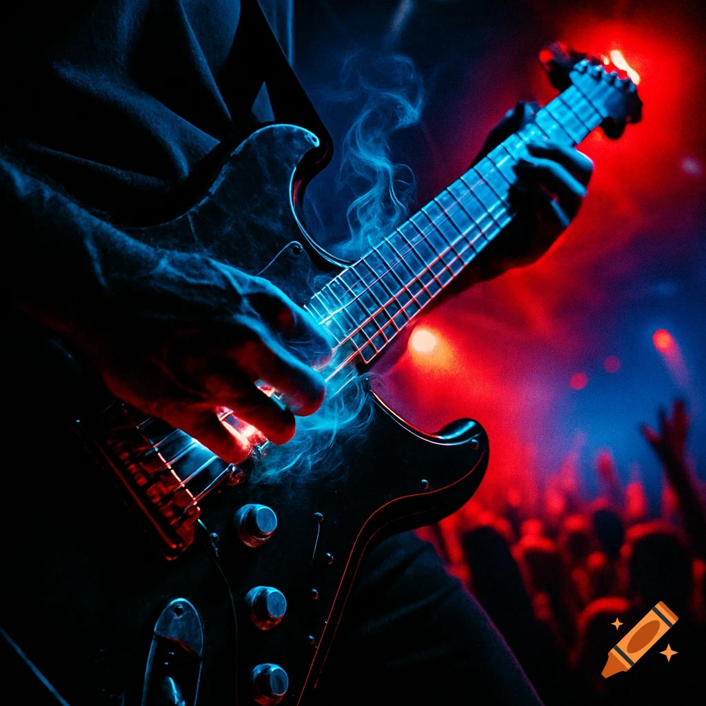 Close-up of a person playing an electric guitar with glowing blue strings and smoke, performing on stage with a red-lit concert crowd in the background.