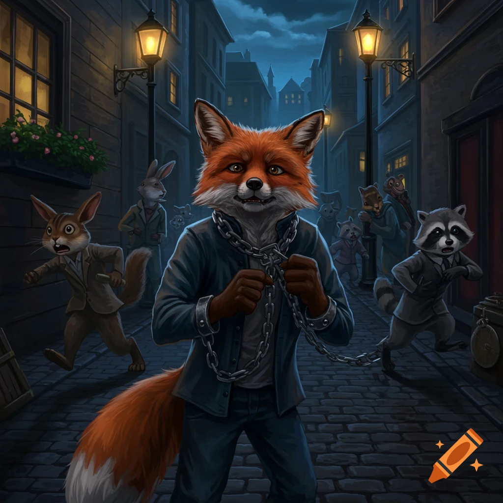 An anthropomorphic fox in chains stands in a dark cobblestone alley, its expression unsettling, as other anthropomorphic animals run away in fear. Lamplights illuminate the scene.