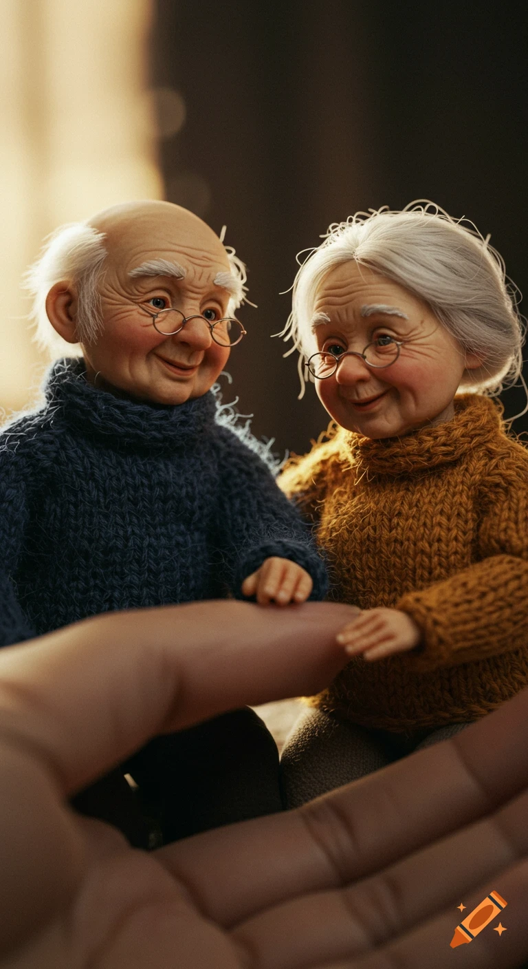 Hyper-realistic macro shot of two miniature elderly dolls in knitted sweaters interacting with a human hand.