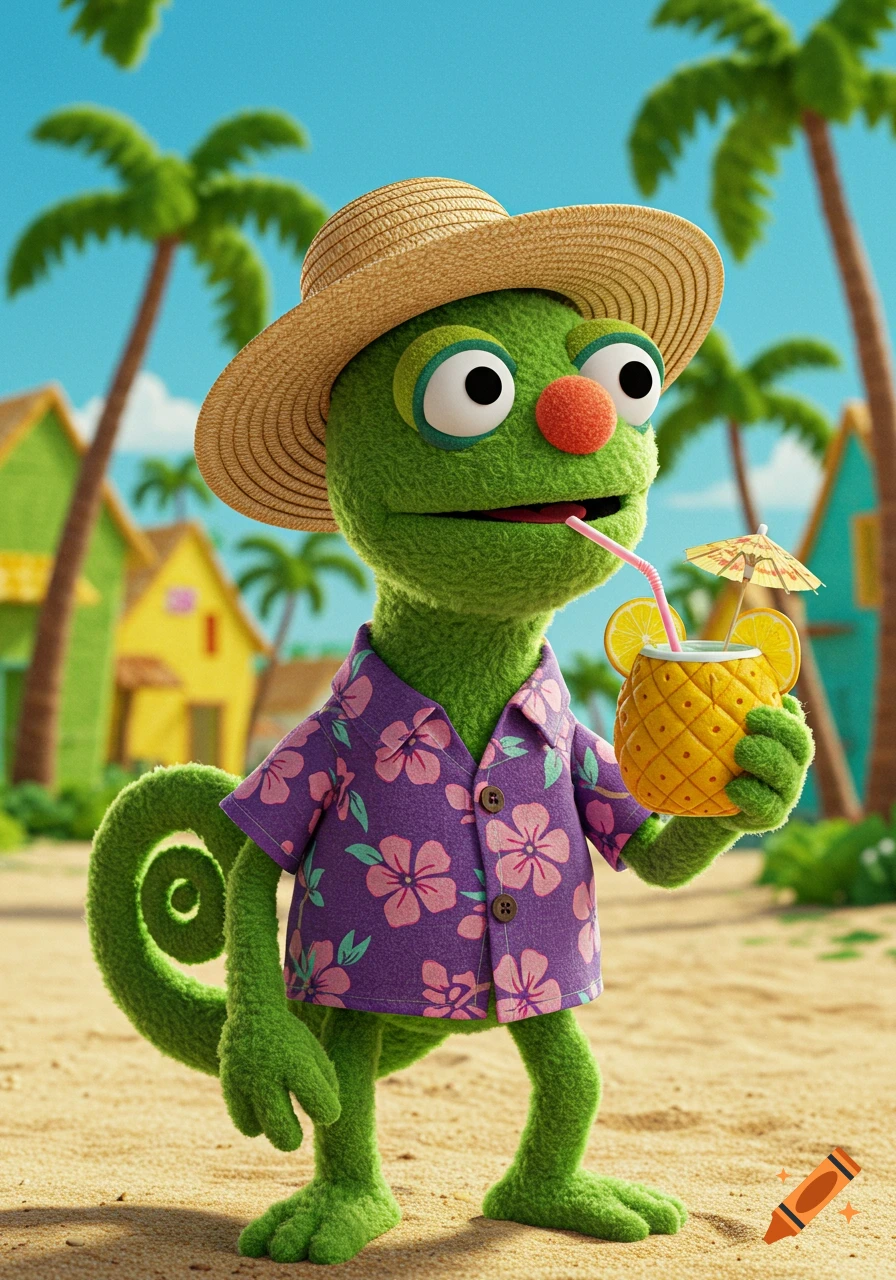 A Muppet-style green chameleon wearing a straw hat and purple Hawaiian shirt sips from a pineapple drink on a sandy beach.