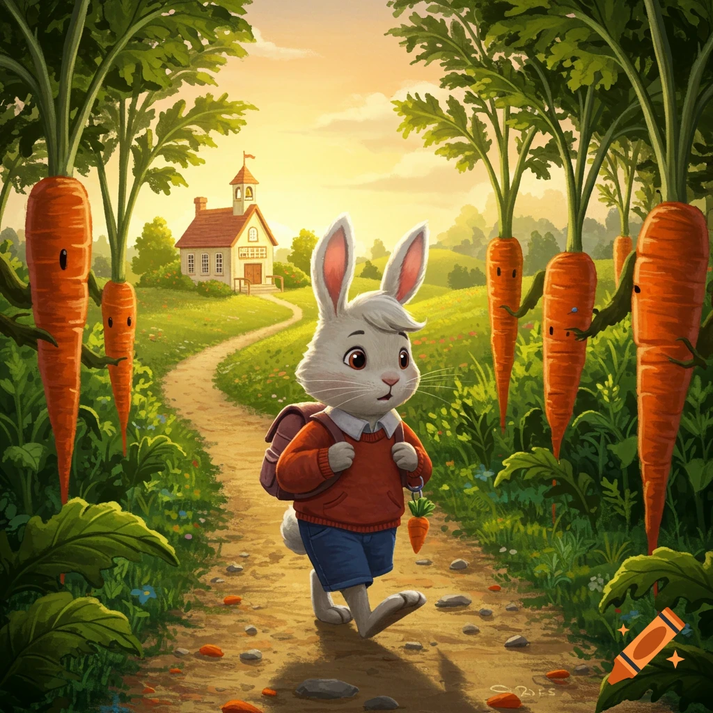 A cartoon white rabbit with a backpack walks on a dirt path, surrounded by large anthropomorphic carrots, towards a schoolhouse in the background at sunset.