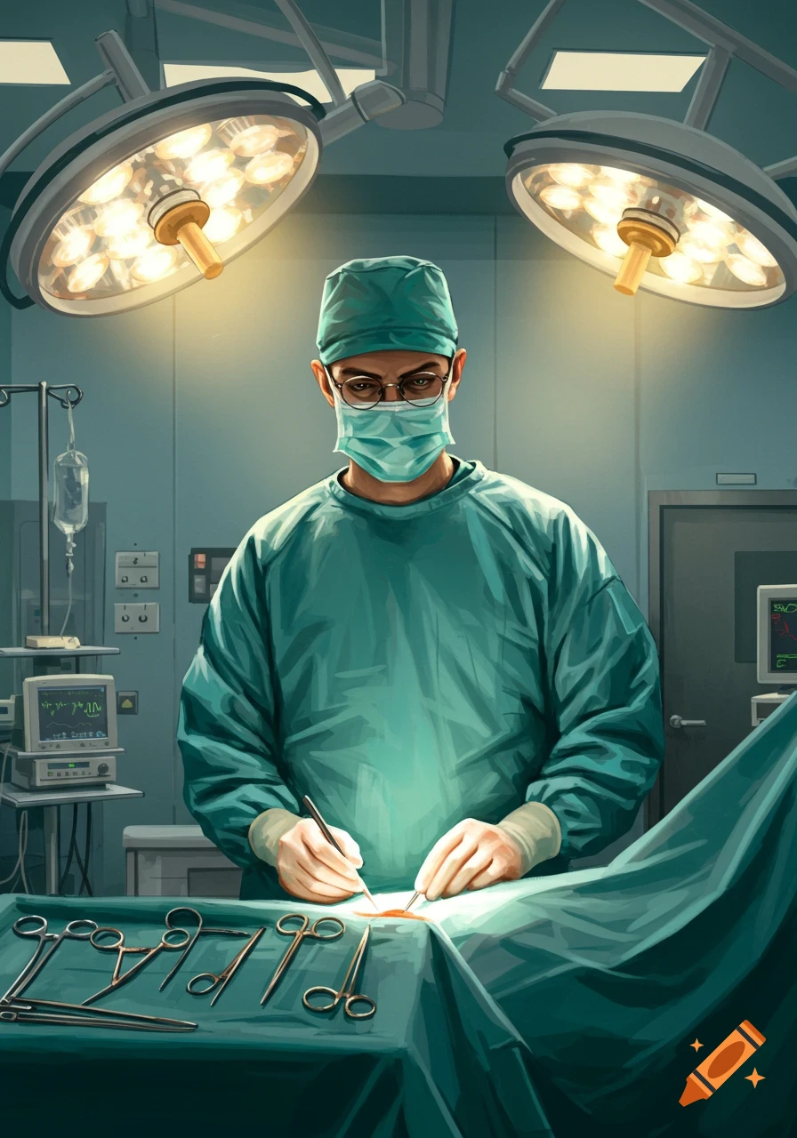 An illustration of a surgeon in teal scrubs and mask performing surgery under bright operating room lights.