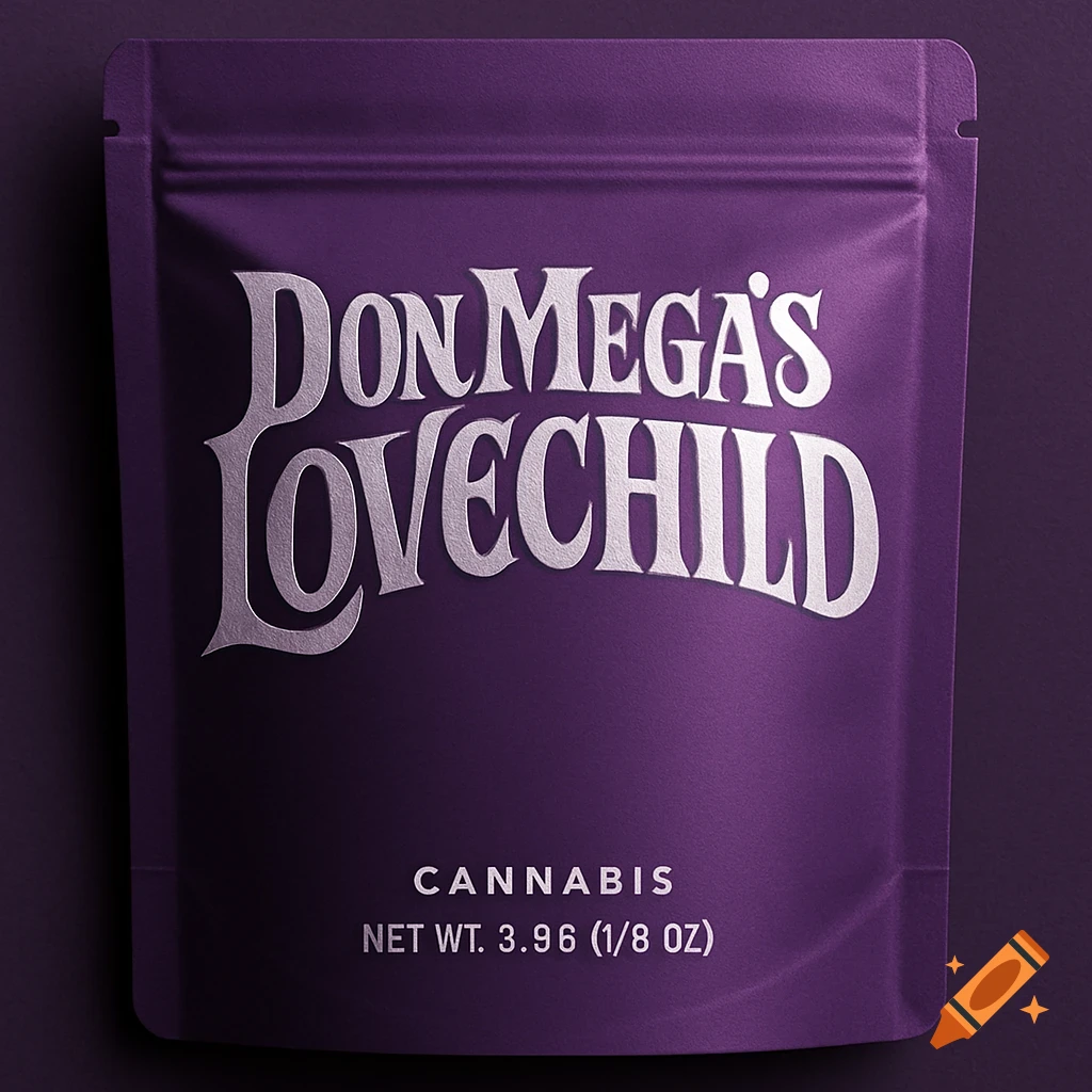A dark purple stand-up pouch for 'Don Mega's Lovechild Cannabis', featuring prominent silver text and product details.