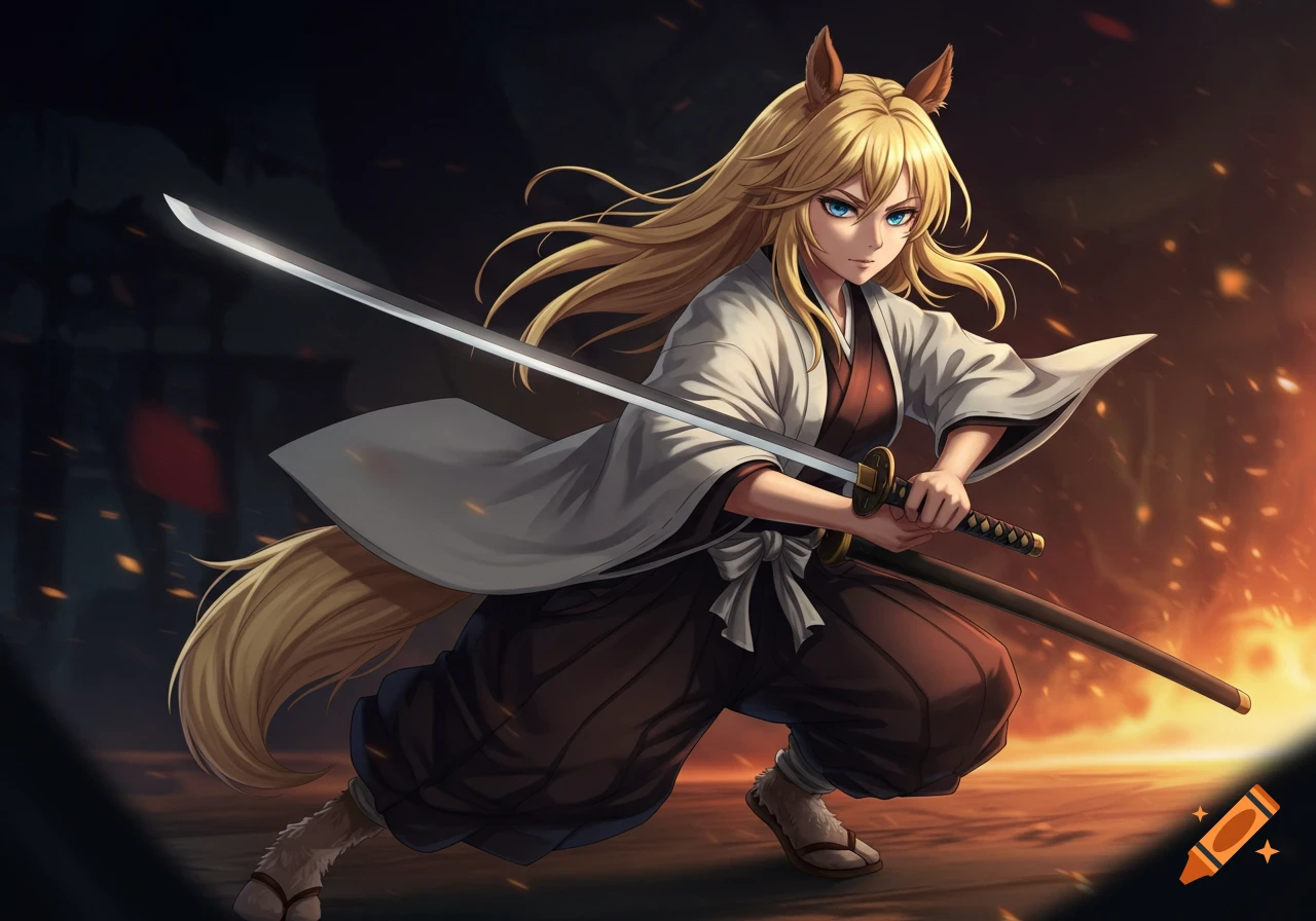 An anime horse girl warrior with blonde hair and blue eyes, in a shinsengumi haori and hakama, unsheathing a katana in a battoujutsu stance, with a fiery background.