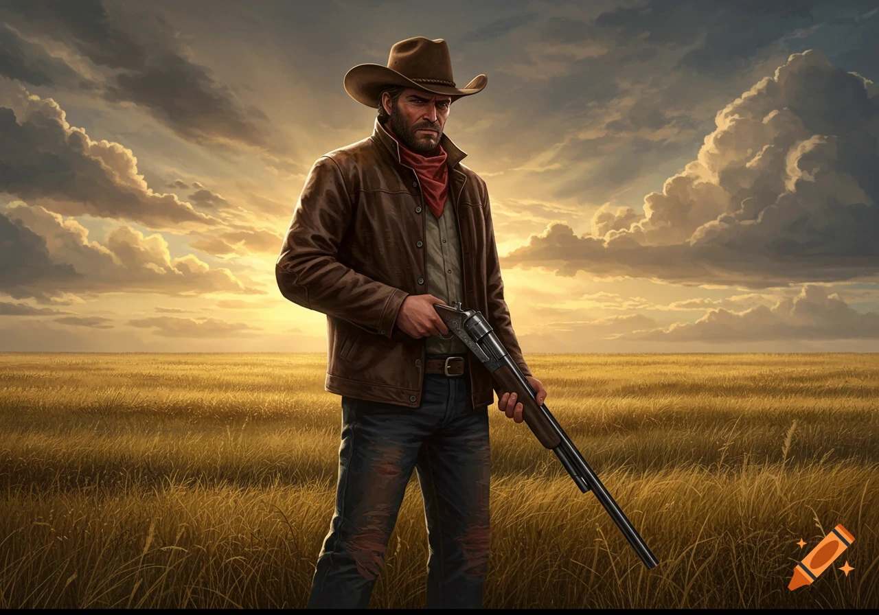 A man in a cowboy hat and leather jacket holds a shotgun in a golden field at sunset.