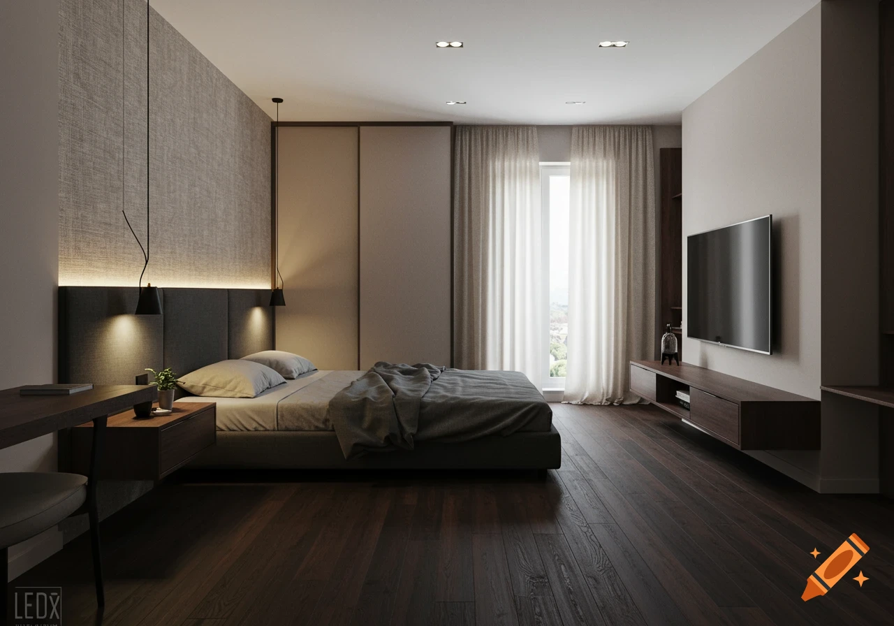 Modern bedroom with dark wooden floor, grey bed, floating nightstands, an accent wall, and a large wall-mounted TV.