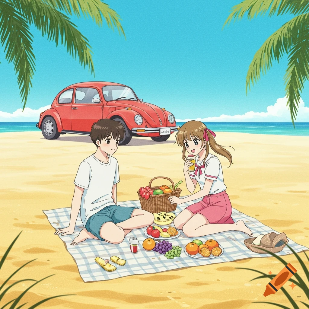 An anime couple picnics on a sandy beach with a red Volkswagen Beetle and palm trees in the background.
