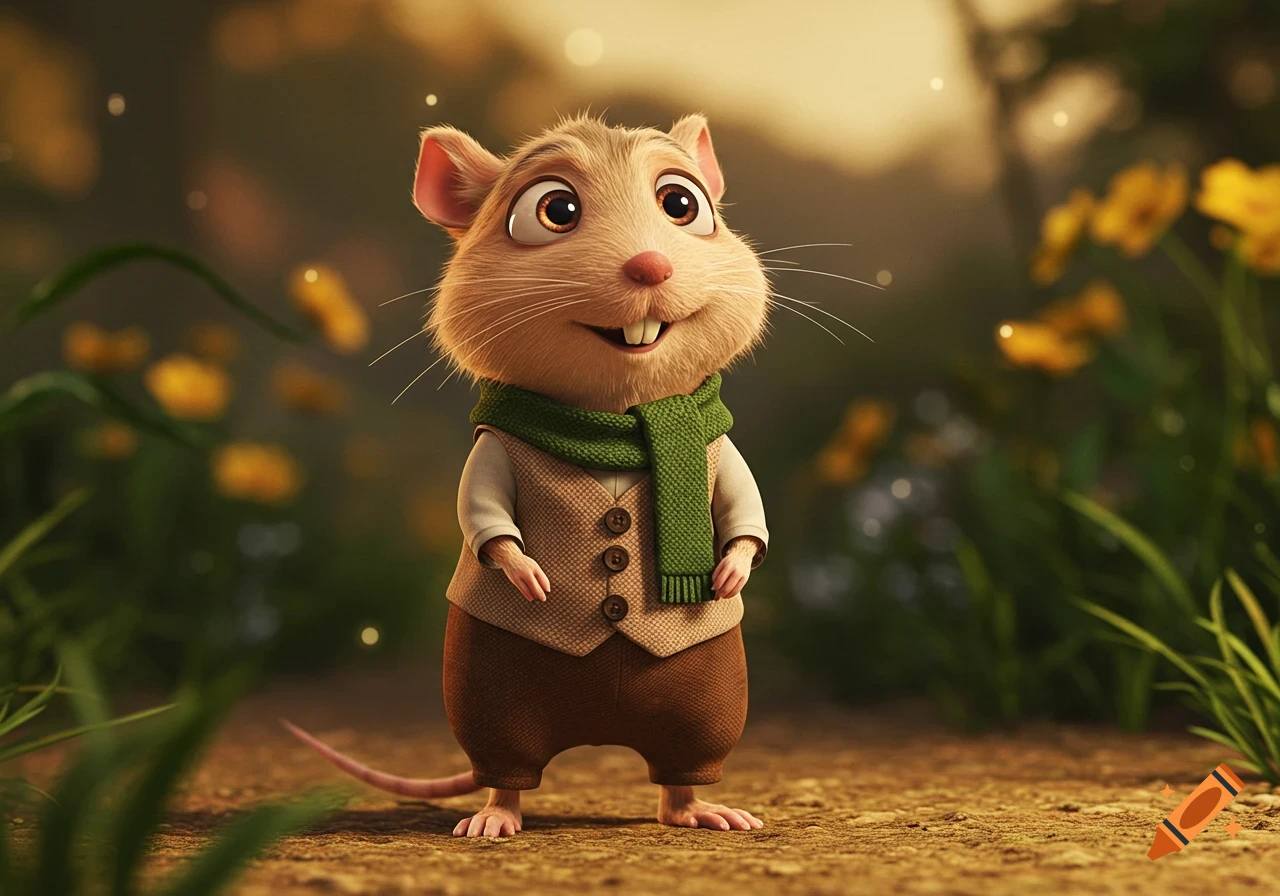 A cute anthropomorphic gerbil in a green scarf, vest, and brown trousers stands on a path in a whimsical, soft-lit forest.