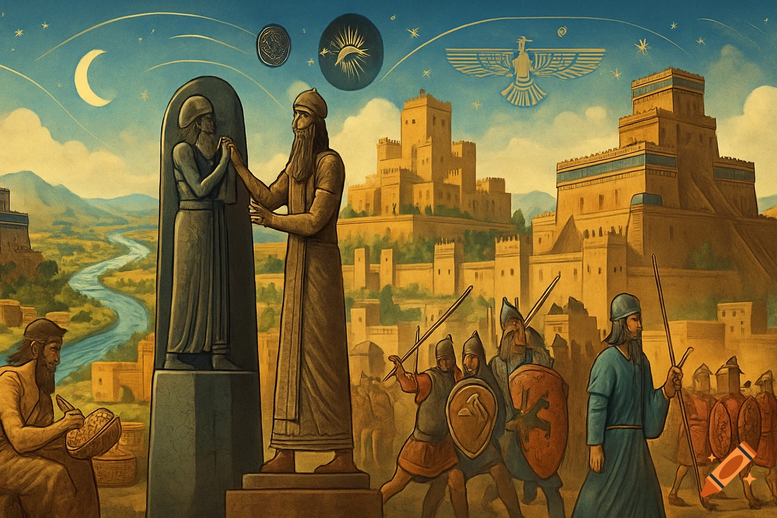 An illustrated scene of an ancient Mesopotamian city with a river, a bearded figure by a statue, and soldiers. Symbols adorn the sky.