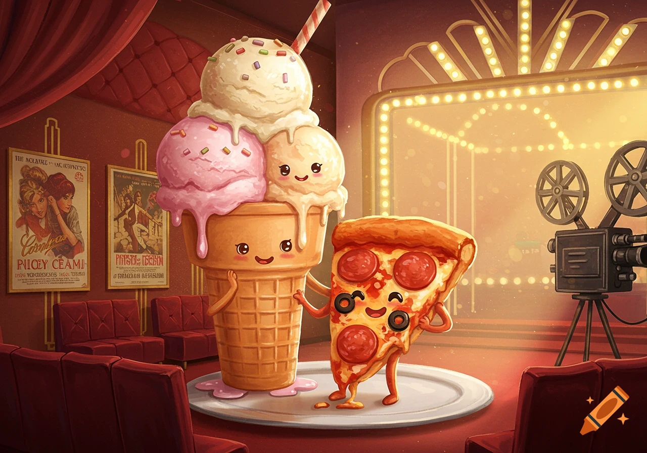 A cute, anthropomorphic ice cream cone and pizza slice smiling in a movie theater with a projector and posters.