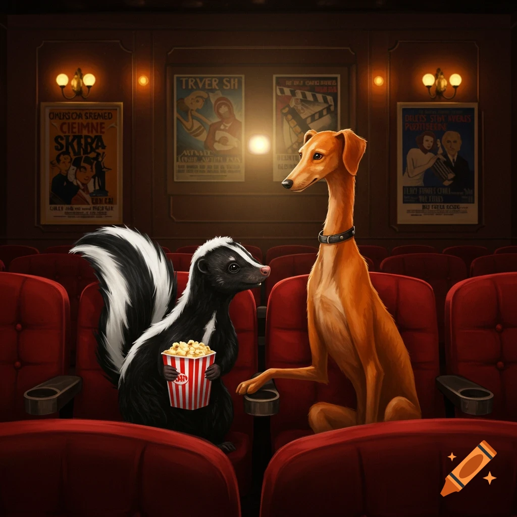 A skunk holding popcorn and a brown greyhound sit in red movie theater seats, facing each other with illuminated posters in the background.