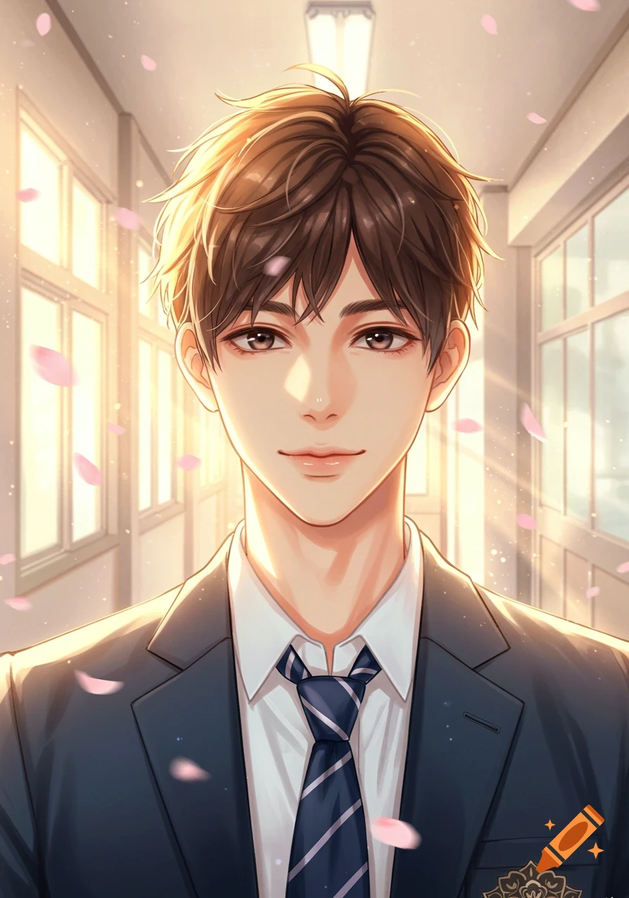 Handsome anime male student in a school uniform stands in a sunny hallway with falling cherry blossoms.