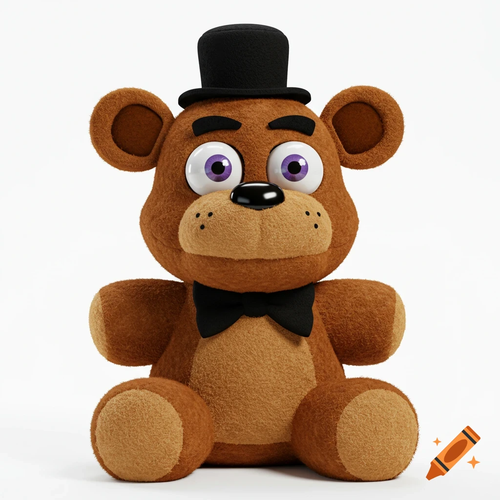 A brown Freddy Fazbear plushie with a black top hat and bowtie sits on a white background.
