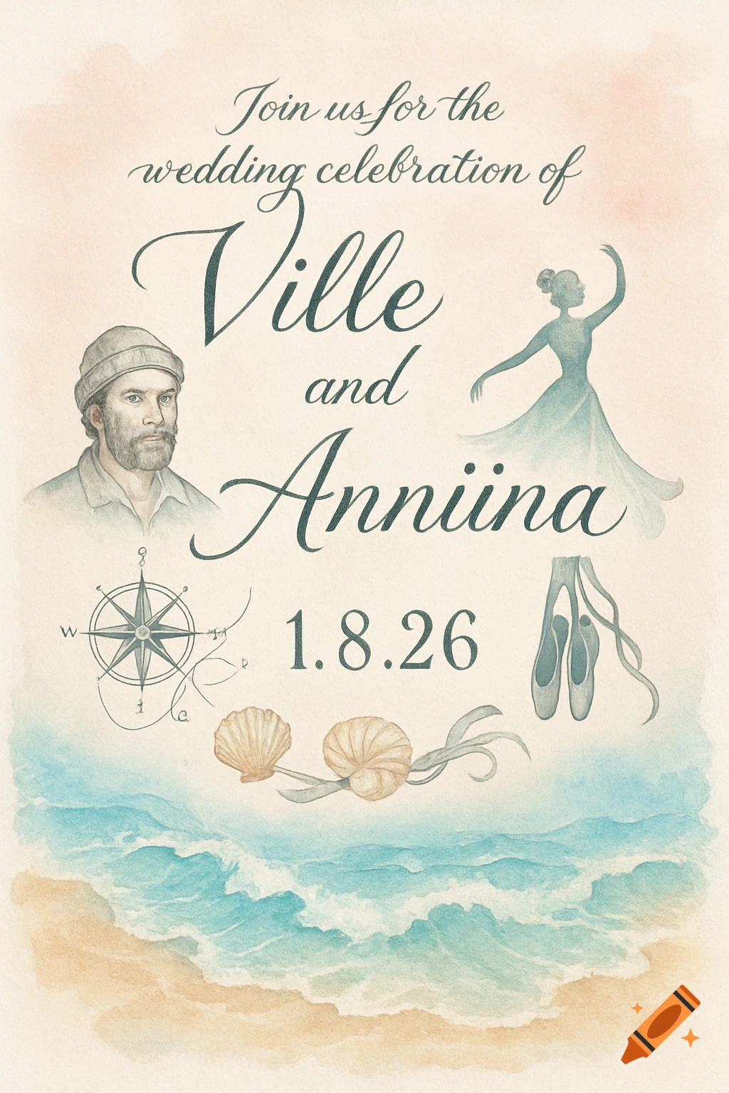 Watercolor wedding invitation for Ville and Anniina, featuring a man, dancer, compass, shells, ballet shoes, and beach.