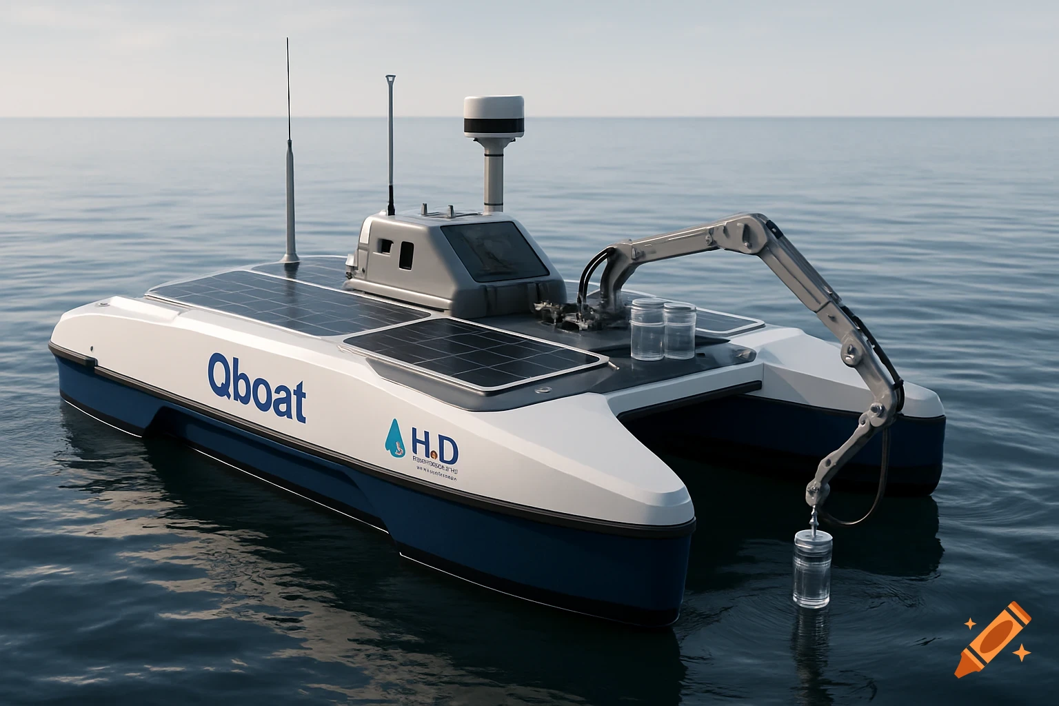 A white and blue autonomous catamaran named Qboat with solar panels, antennas, and a robotic arm sampling water in calm seas.