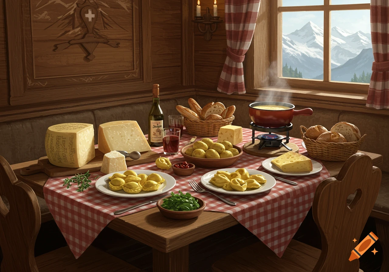 A cozy Swiss-themed dinner table with fondue, cheeses, bread, and pasta dishes, overlooking snowy mountains.