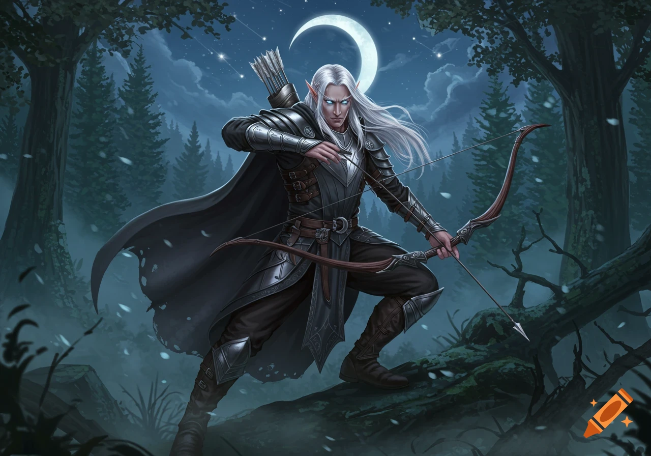 A white-haired male elf archer in dark armor stands in a moonlit forest, aiming a bow and arrow.