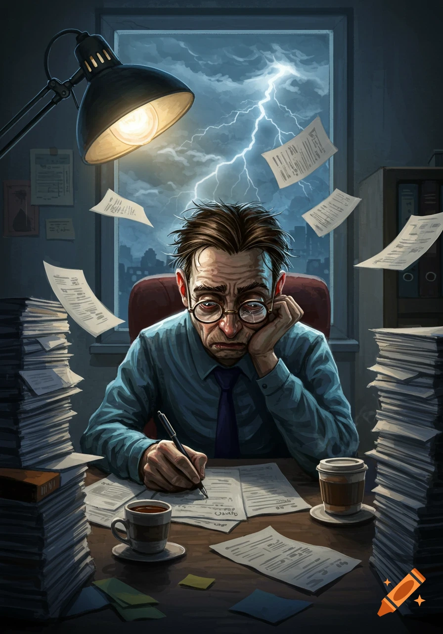 A stylized illustration of a stressed, bespectacled man hunched over a desk piled high with paperwork, a storm with lightning visible outside a window.