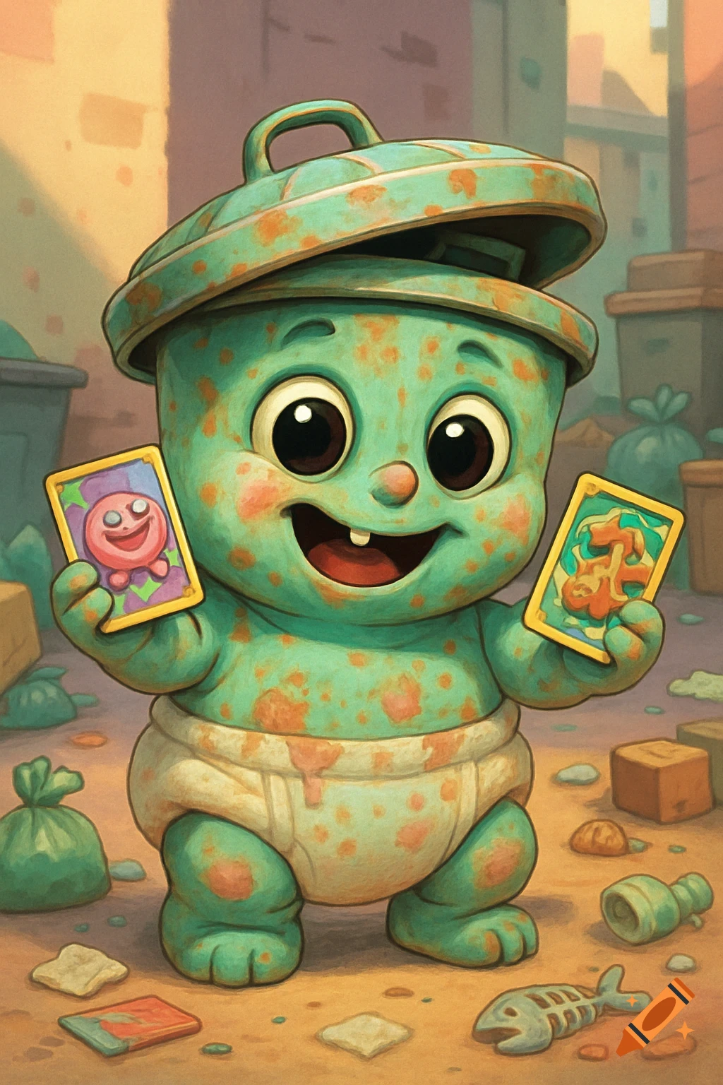 A cute, baby-like teal trash bin character with orange speckles, wearing a dirty white diaper, smiles while holding two trading cards in a messy alley.