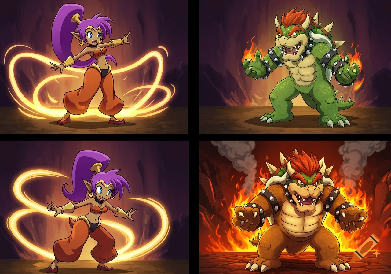 A four-panel cartoon depicting Shantae dancing with golden light, transforming into green Bowser, and then brown Bowser surrounded by fire.