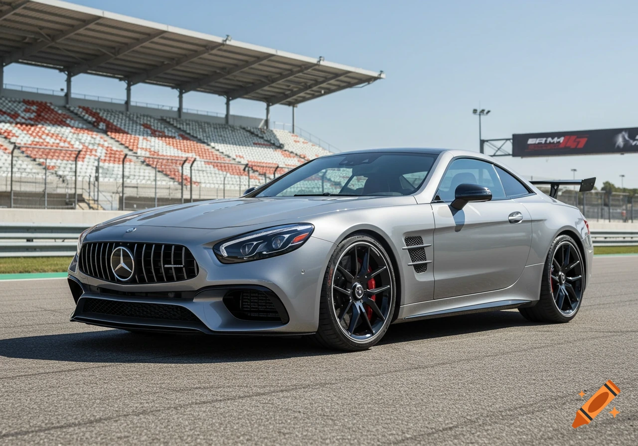 A silver Mercedes-AMG SL63 coupe is parked on a race track with grandstands in the background under a clear sky.