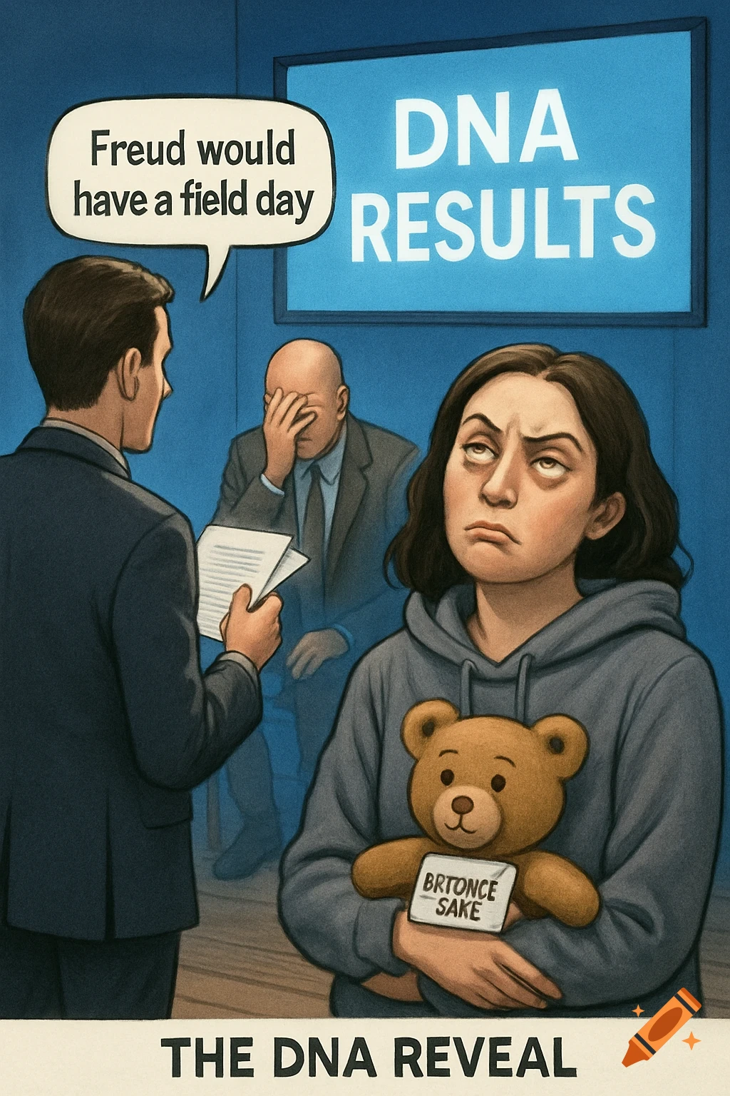 An illustration of a woman rolling her eyes while holding a teddy bear. A man reads papers, and another man in the background face-palms. A screen says "DNA RESULTS". A speech bubble says "Freud would have a field day", and the title at the bottom reads "THE DNA REVEAL".